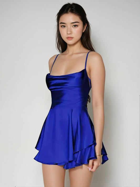 Frida Satin Mini Dress with Spaghetti Straps & Tiered Skirt
