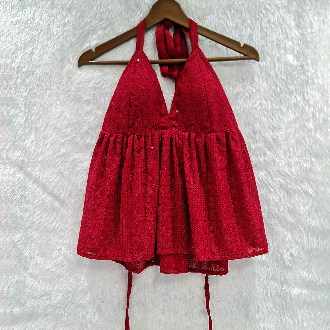 Chikankari Chiffon Padded Halter Neck Top