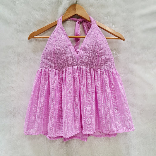 Lavender Chikan Halter Neck Chiffon Padded Top