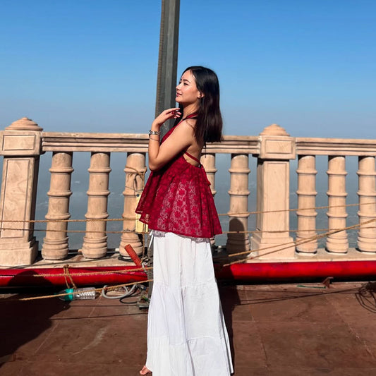 White Viscose Tiered Maxi Skirt & Maroon Halter Top Set