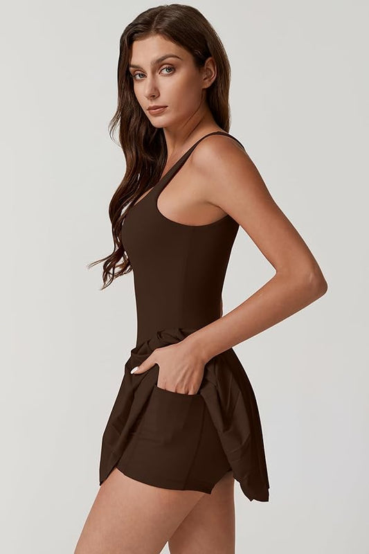 Women's Square Neck Dress with Pleated Sleeveless Built in Shorts