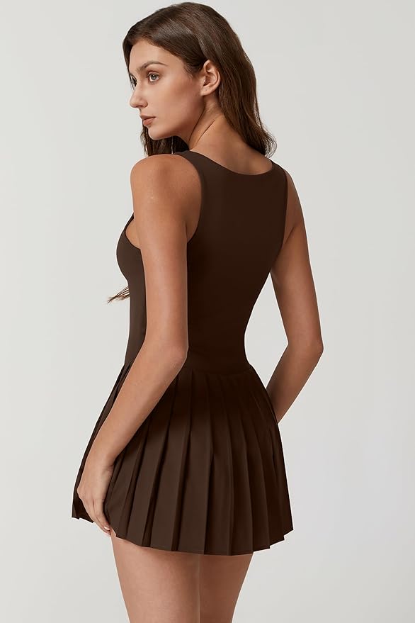Women's Square Neck Dress with Pleated Sleeveless Built in Shorts