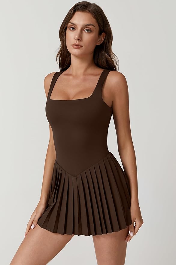 Women's Square Neck Dress with Pleated Sleeveless Built in Shorts