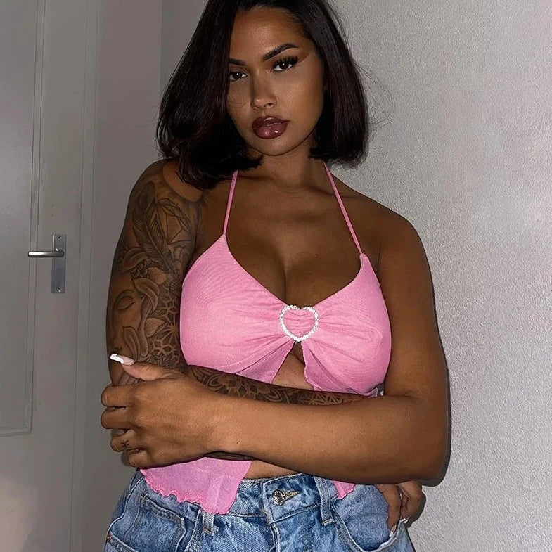 Pink Ruffle Halter Neck Crop Top