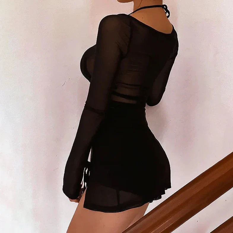 Tie Up Halter Neck Semi Sheer Mini Dress