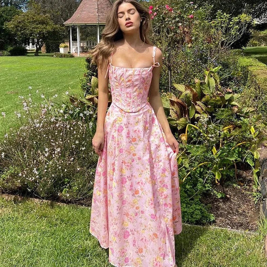 Floral Print Corset Slit A Line Dresses