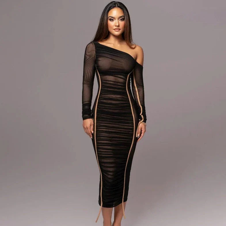 Long Sleeve One Shoulder Off Bodycon Dress