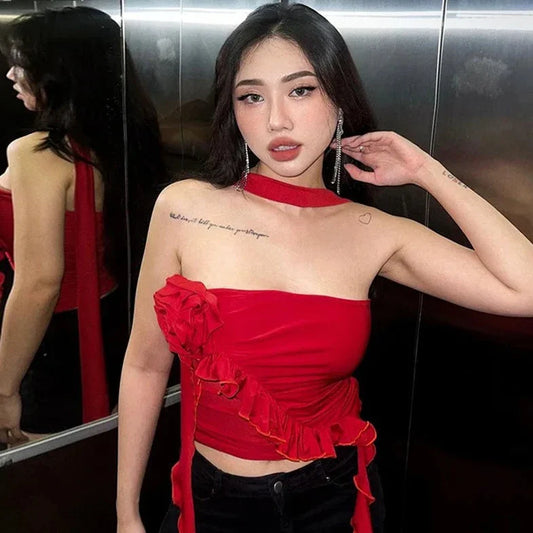 Tube Ruffle Flowered Crop Top