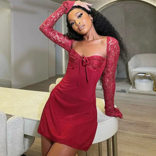 Red Lace Long Sleeve Short Dress