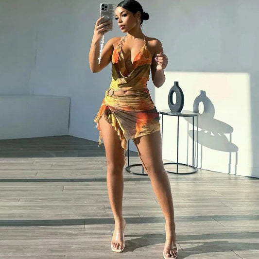 Printed Backless Sleeveless Mini Dress