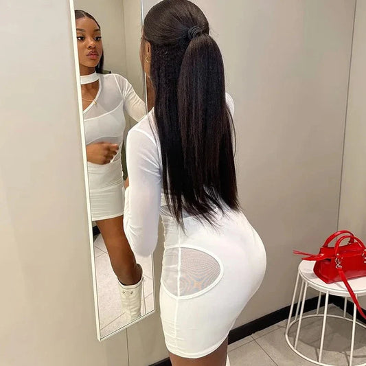 Hollow Out Long Sleeve Semi Sheer Mini Dress