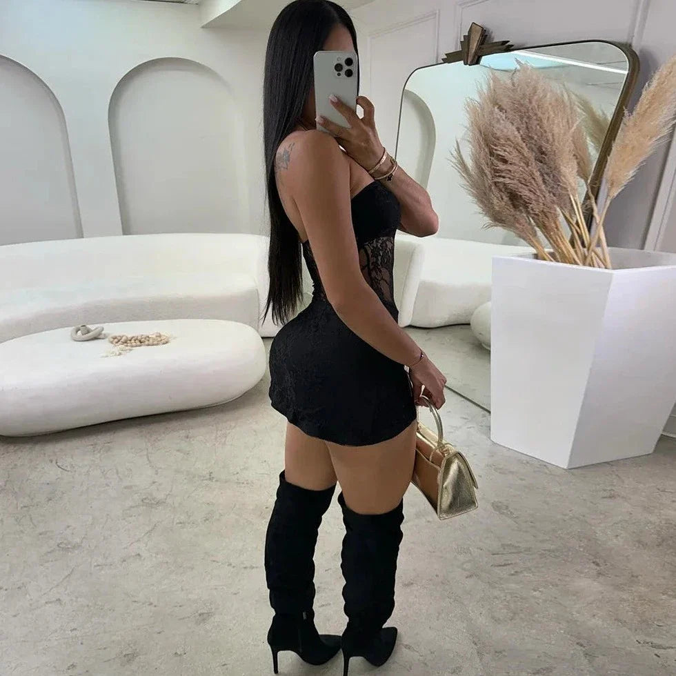 Hollow Out Semi Sheer Tube Mini Dress