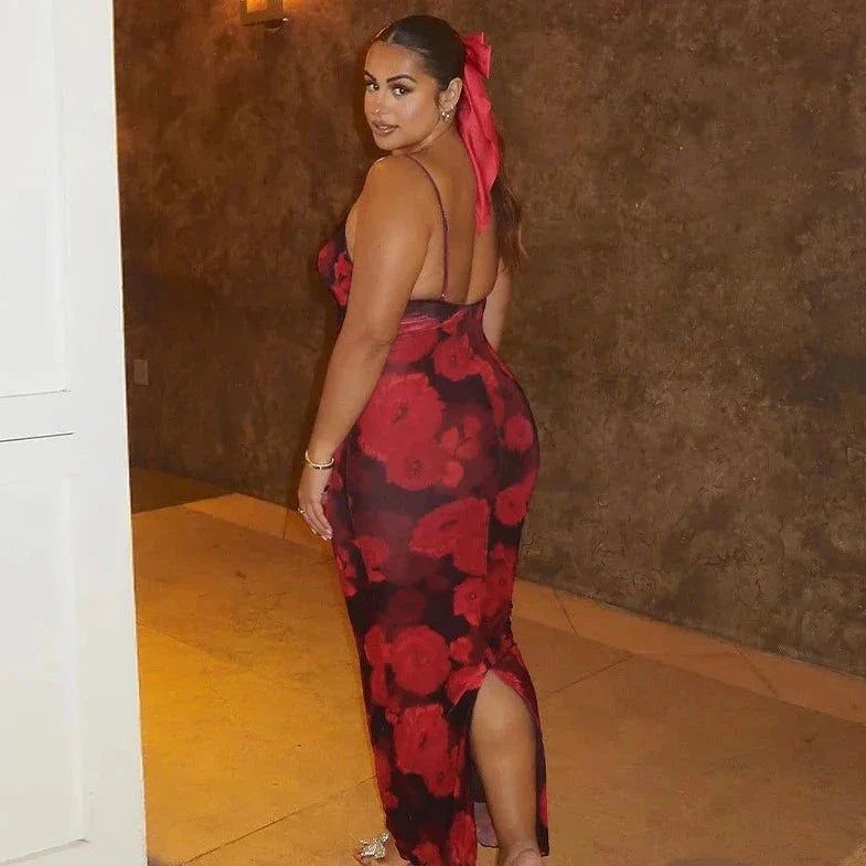 Rose Printed Backless Sleeveless Bodycon Dress