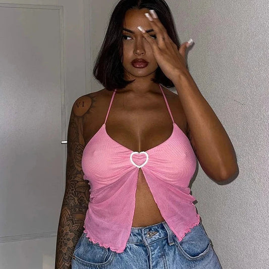 Sleeveless Semi Sheer Halter Neck Top