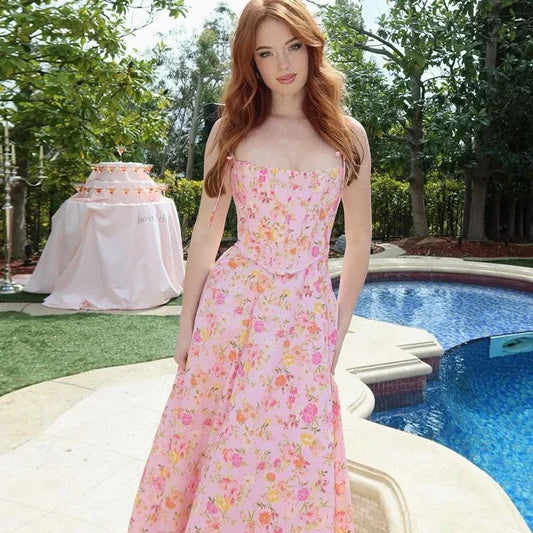 Floral Print Corset Slit A Line Dresses