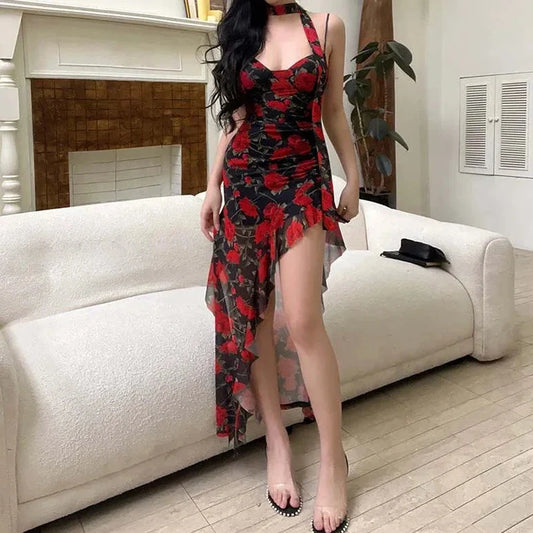 Floral Printed Side Slit Ruffle Dress