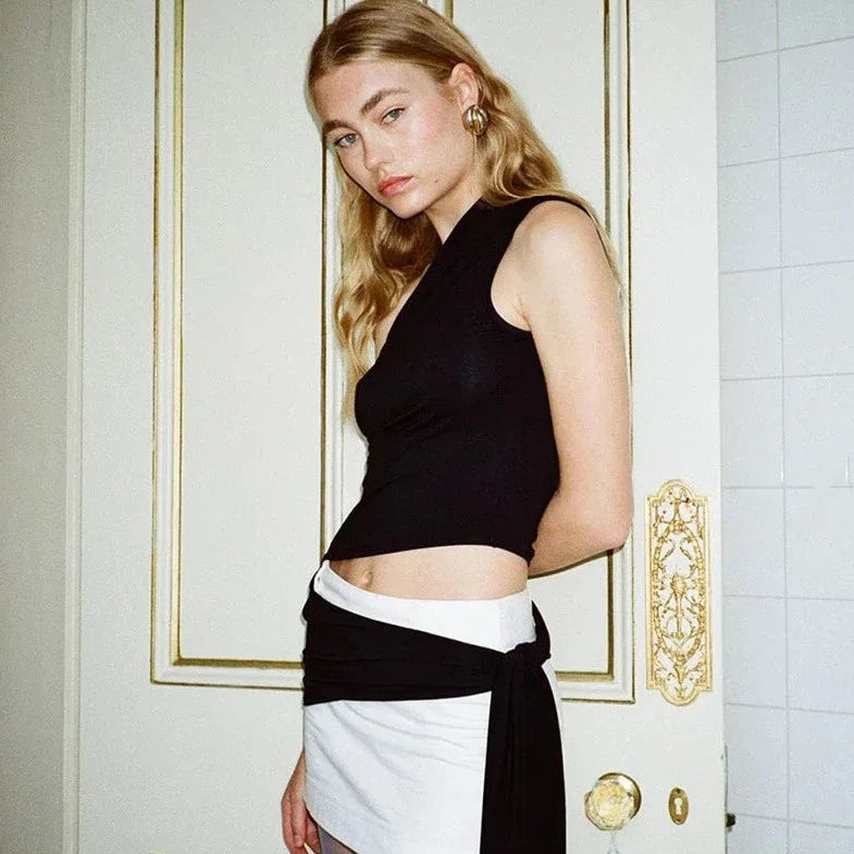 One Shoulder Long Bow Strap Top