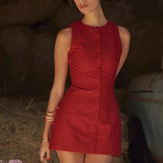 Sleeveless Patch Button Mini Dress