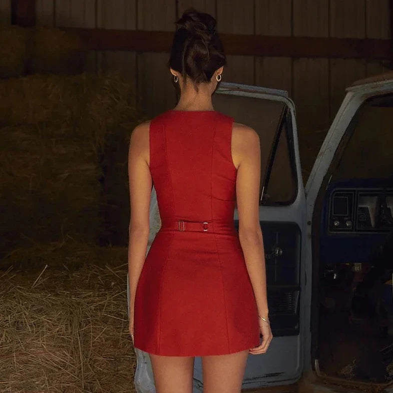 Sleeveless Patch Button Mini Dress