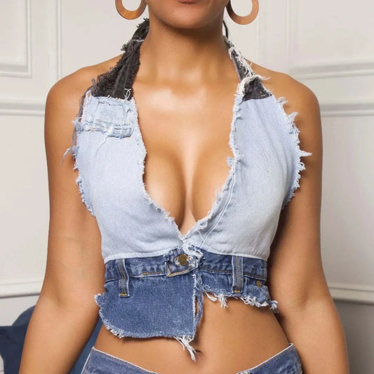 Denim Halter Neck Patch Work Vest