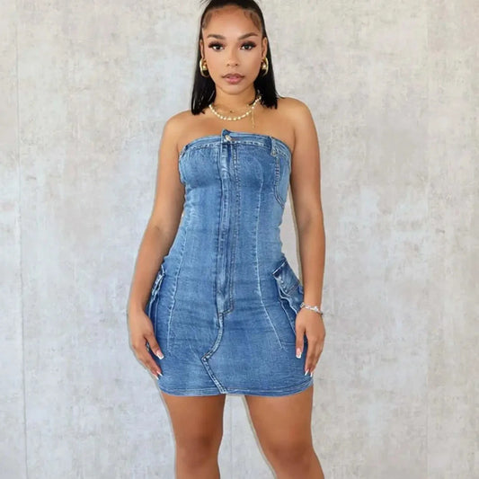Tube Side Pocket Denim Mini Dress