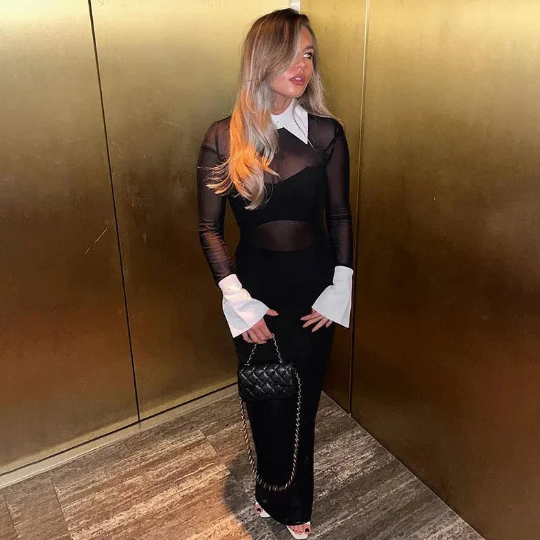 White Collar Mesh See- Through Maxi Dress