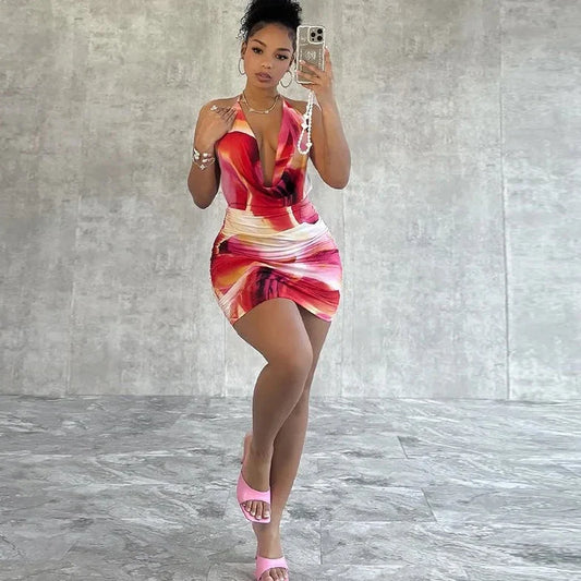 Printed Halter Neck Backless Mini Dress
