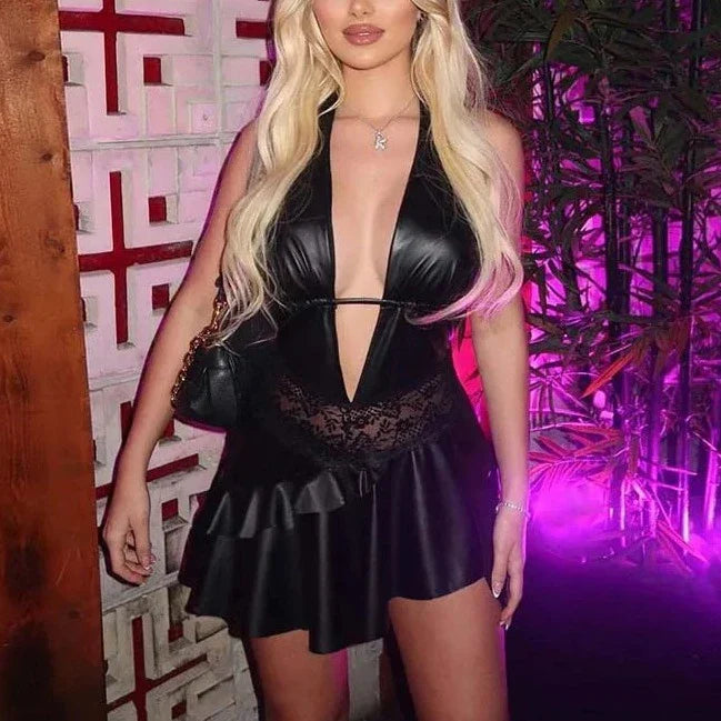 Halter Neck Backless Lace Patchwork Mini Dress