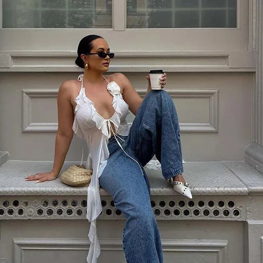 Halter Neck Mesh Ruffle Top