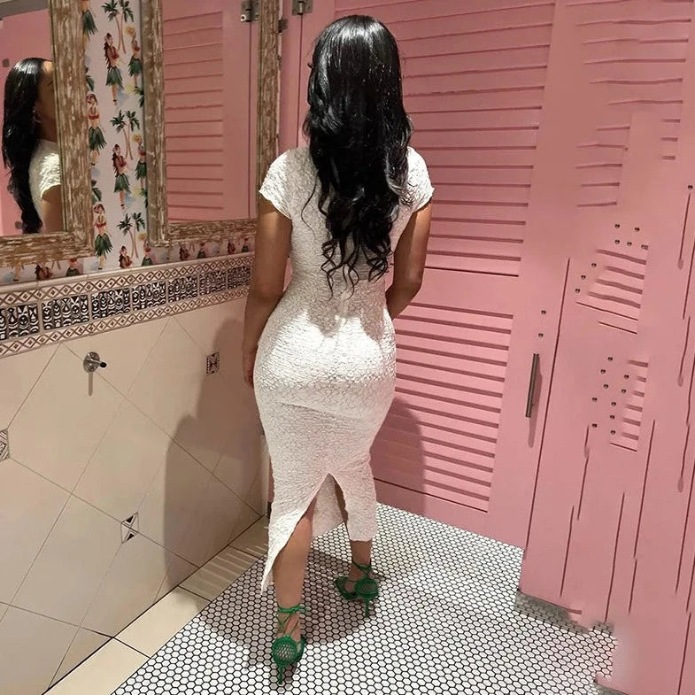 Lace Short Sleeve Long Bodycon Dress