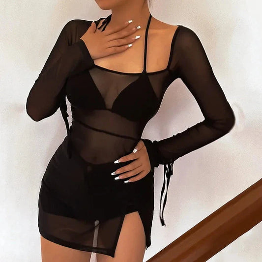 Tie Up Halter Neck Semi Sheer Mini Dress