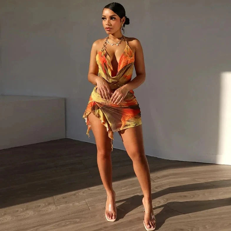 Printed Backless Sleeveless Mini Dress