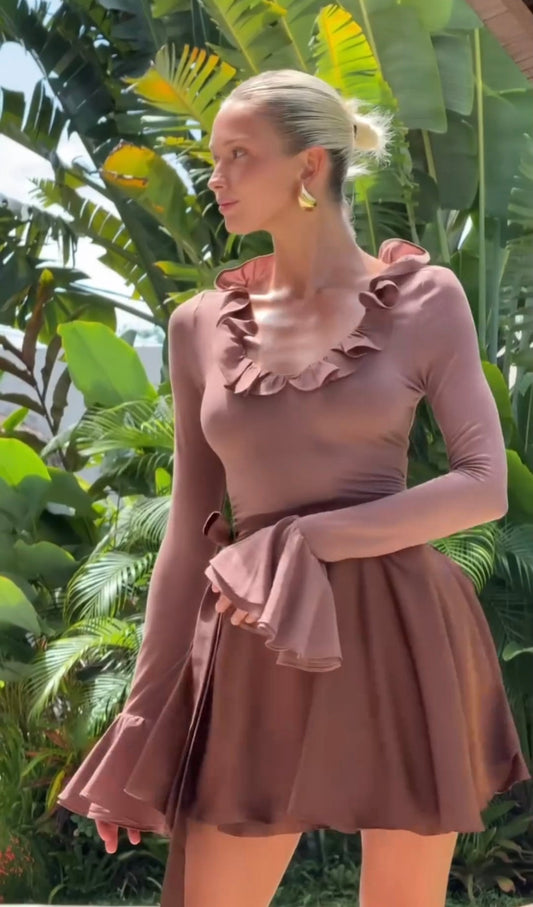 Ruffled Bell Sleeve Top - Mini Skirt Combo