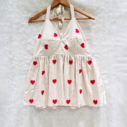 Milky White Heart Embrodired Padded Halter Neck Cotton Top