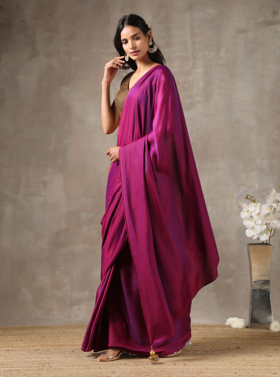 Plum Satin Saree - One Size