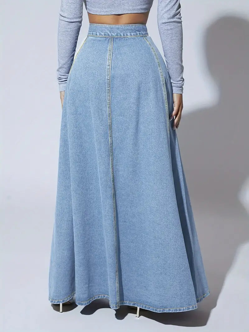 Fashionable Retro Flare Denim Skirt - Single-Breasted & High Rise - Timeless Maxi Silhouette in Washed Blue - Comfortable Inelastic Denim for Tall Womens Style