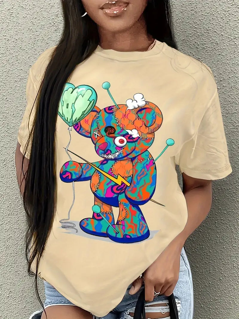 Chic & Fun Bear Cartoon Print Crew Neck T-Shirt for Women