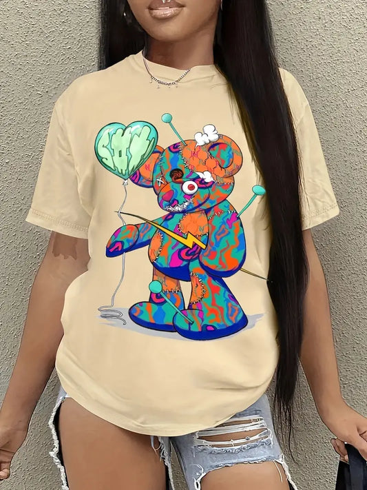 Chic & Fun Bear Cartoon Print Crew Neck T-Shirt for Women