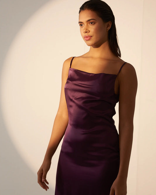 EVERLASTING LOVE – Violet satin cowl neck slip dress