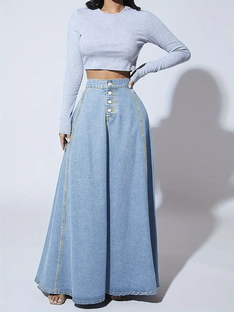 Fashionable Retro Flare Denim Skirt - Single-Breasted & High Rise - Timeless Maxi Silhouette in Washed Blue - Comfortable Inelastic Denim for Tall Womens Style