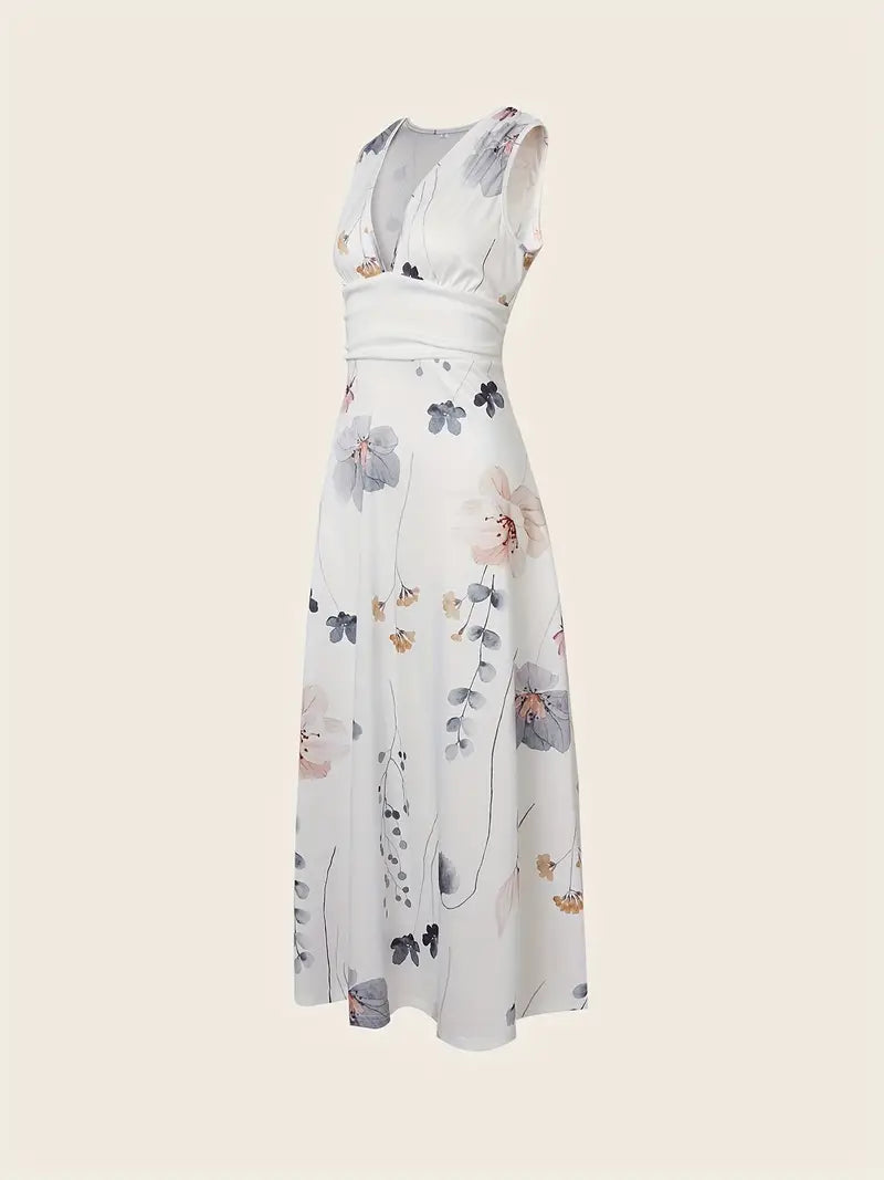 Elegant Floral Maxi Dress with Plunging Neckline - Sleeveless, Versatile Summer Wear for Women