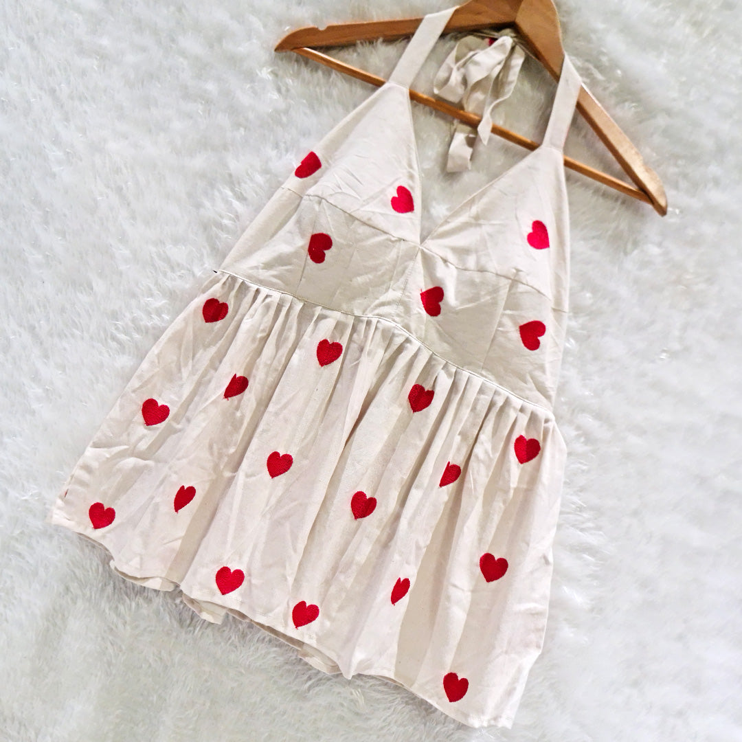 Milky White Heart Embrodired Padded Halter Neck Cotton Top