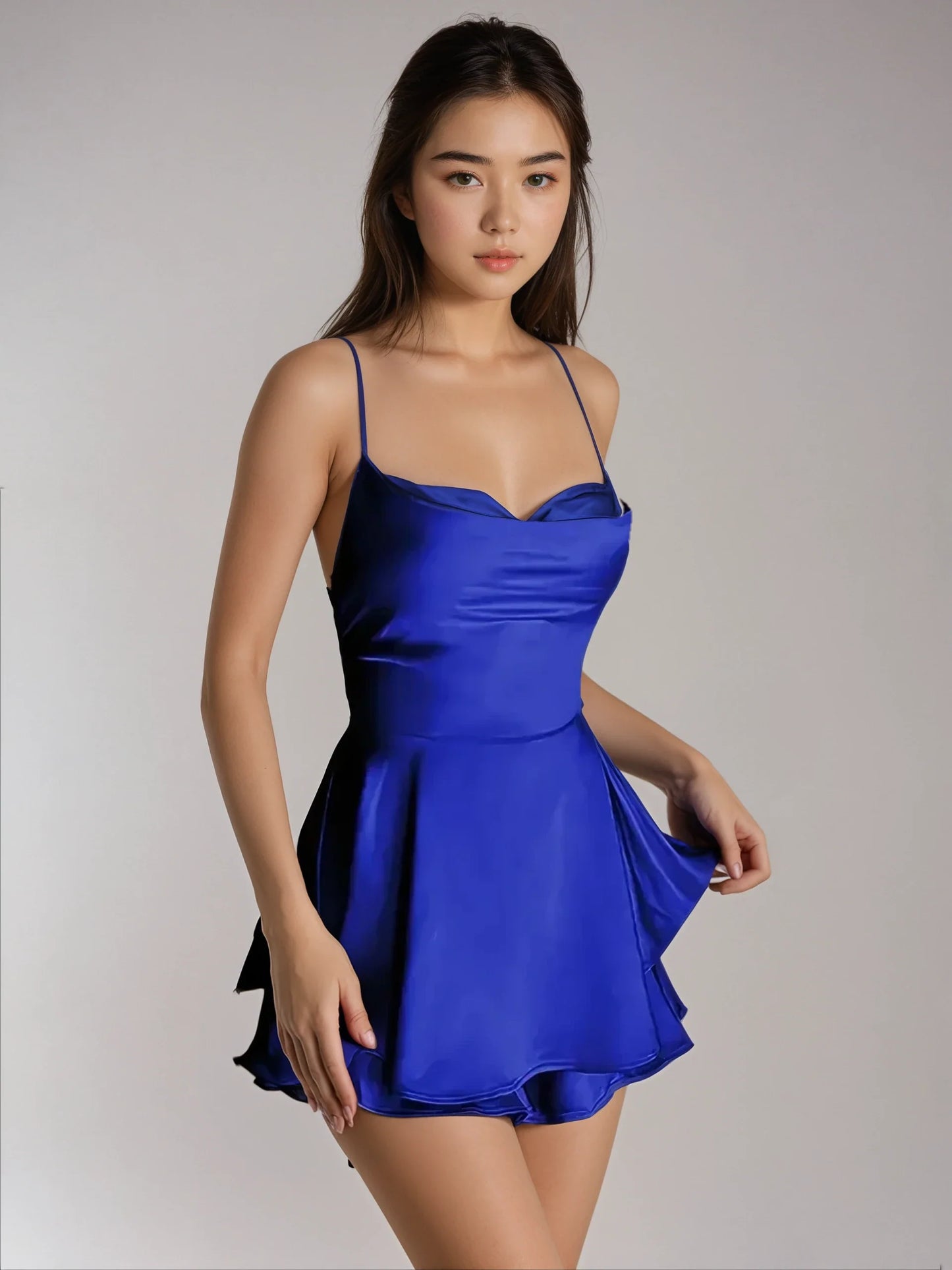 Frida Satin Mini Dress with Spaghetti Straps & Tiered Skirt