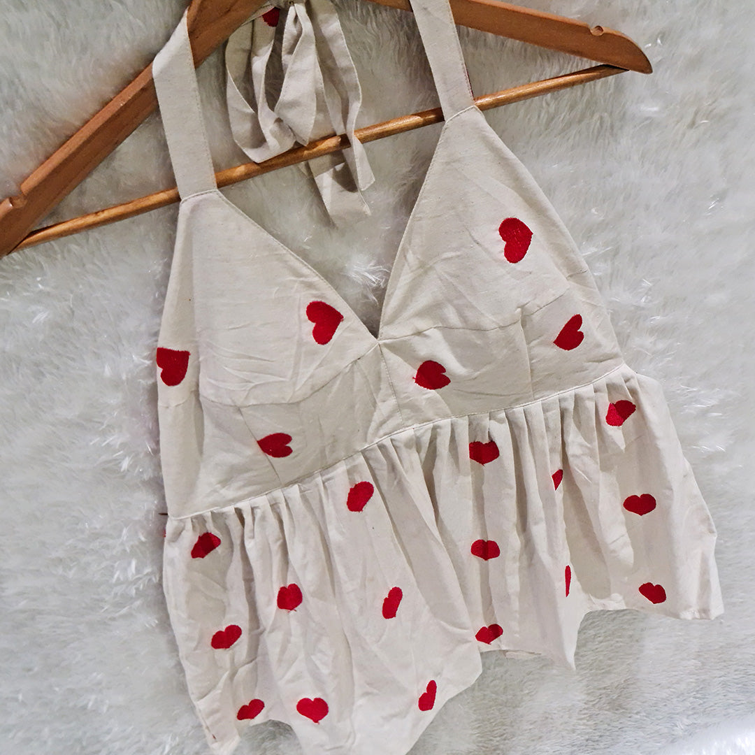 Milky White Heart Embrodired Padded Halter Neck Cotton Top