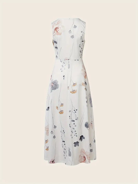 Elegant Floral Maxi Dress with Plunging Neckline - Sleeveless, Versatile Summer Wear for Women