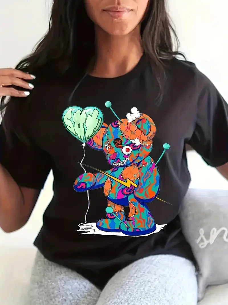 Chic & Fun Bear Cartoon Print Crew Neck T-Shirt for Women