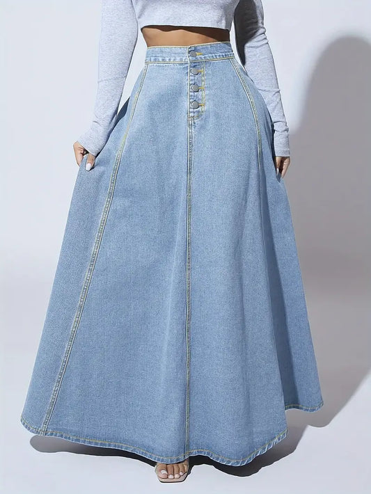 Fashionable Retro Flare Denim Skirt - Single-Breasted & High Rise - Timeless Maxi Silhouette in Washed Blue - Comfortable Inelastic Denim for Tall Womens Style