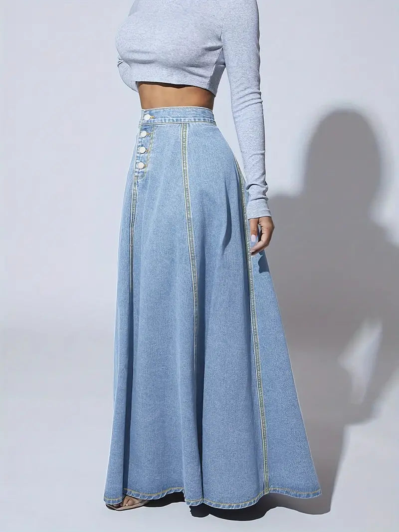 Fashionable Retro Flare Denim Skirt - Single-Breasted & High Rise - Timeless Maxi Silhouette in Washed Blue - Comfortable Inelastic Denim for Tall Womens Style