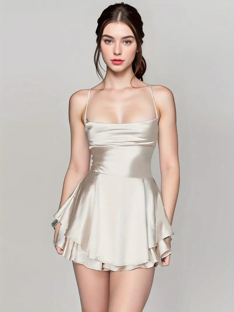 Frida Satin Mini Dress with Spaghetti Straps & Tiered Skirt