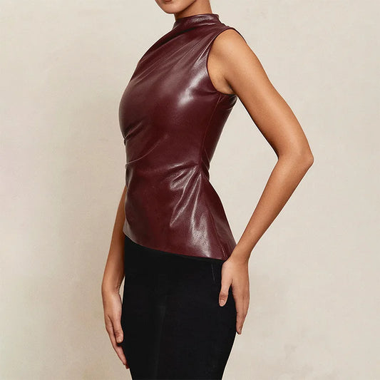 PU Leather Turtle Neck Sleeveless Top